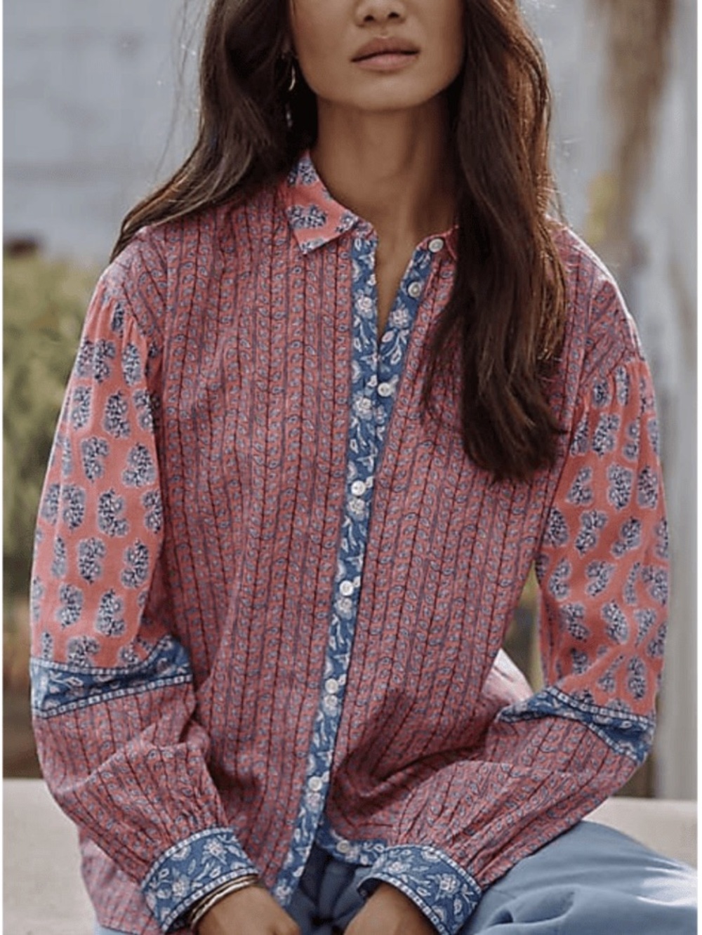 J. Jill Pink Printed Button-Down Shirt with Blue Trim